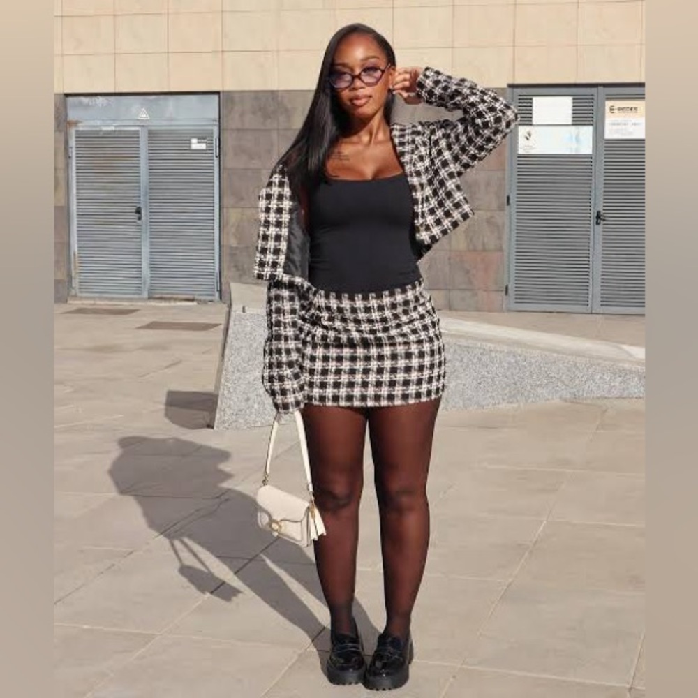 Fashion Nova Old Money Rules Tweed Blazer Skirt set - Black/combo